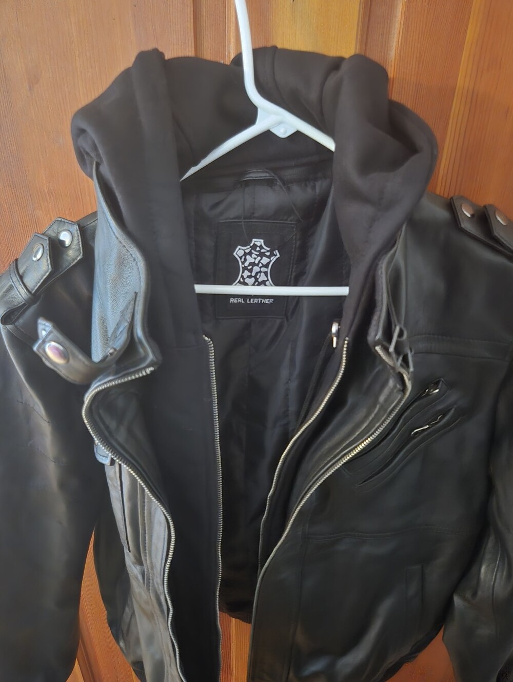 Men’s Black Leather Bomber Jacket with Hood